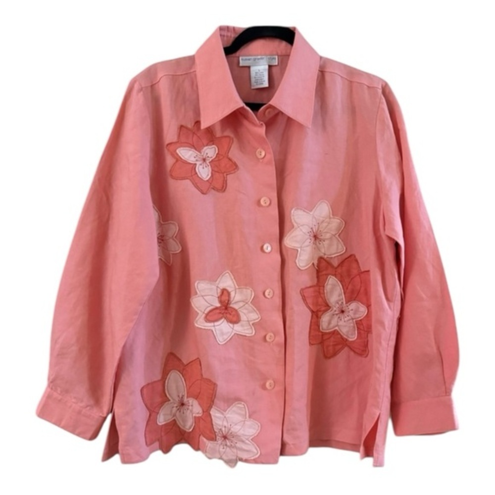 Susan Graver Pink Floral Appliqué Linen Blend Button Shirt L Coastal Cottagecore - Picture 2 of 5